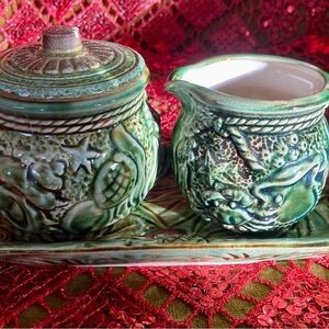 Vintage  Japanese Avocado Ceramic Tray with Sugar and Creamer Set